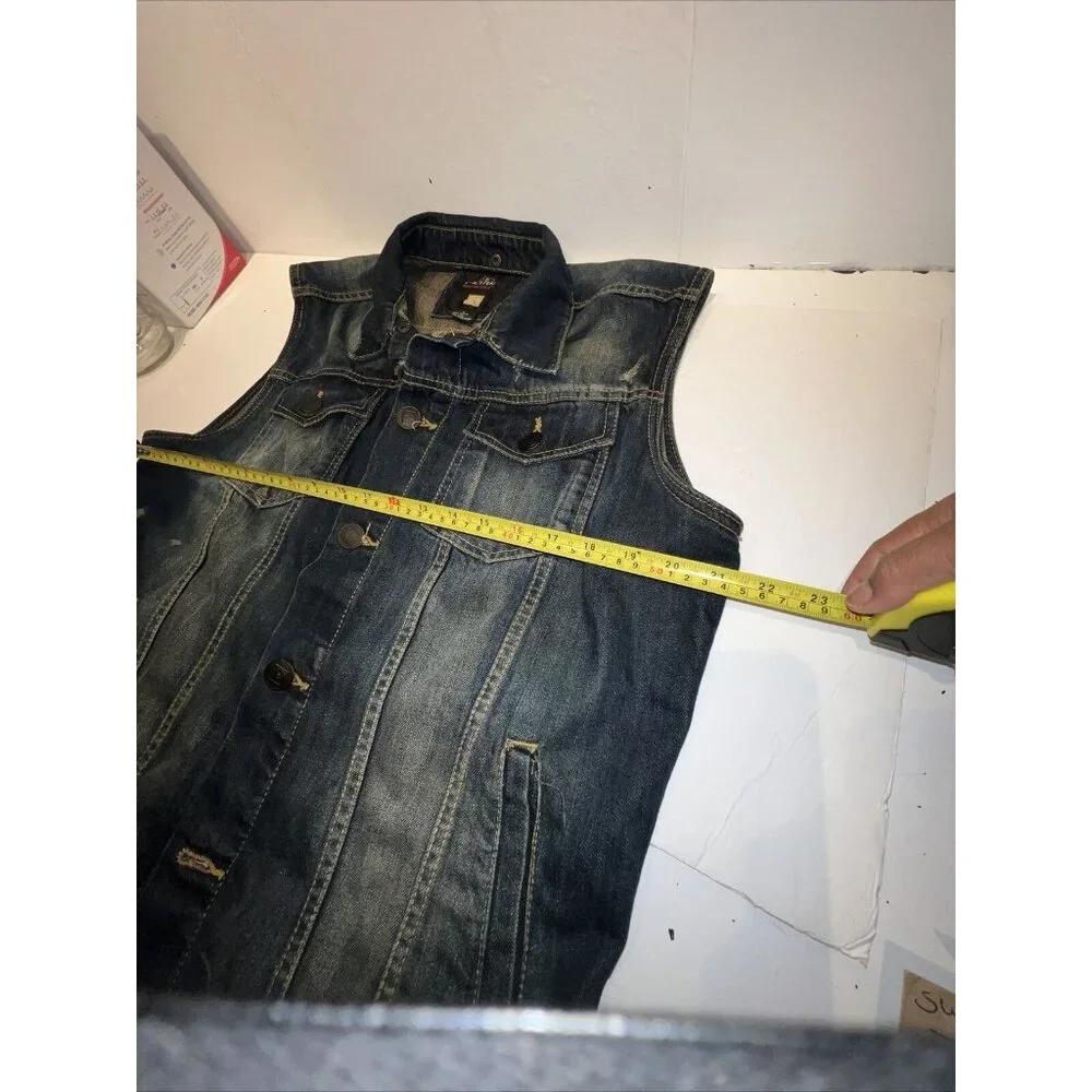 i LINK Dark Wash Distressed Button Down Denim Jean Vest Large‎ Y2K